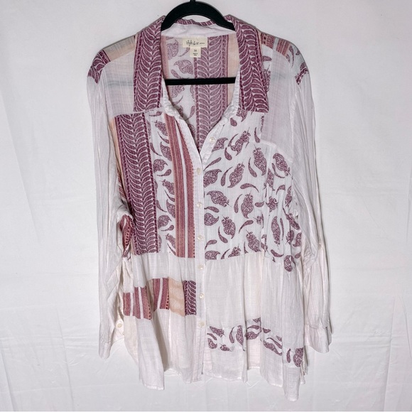 Style & Co. Tops - 5/$25 Style & Co. White Pink Multi Print Gauzy Button Dwn Tiered Peplum Shirt 3X